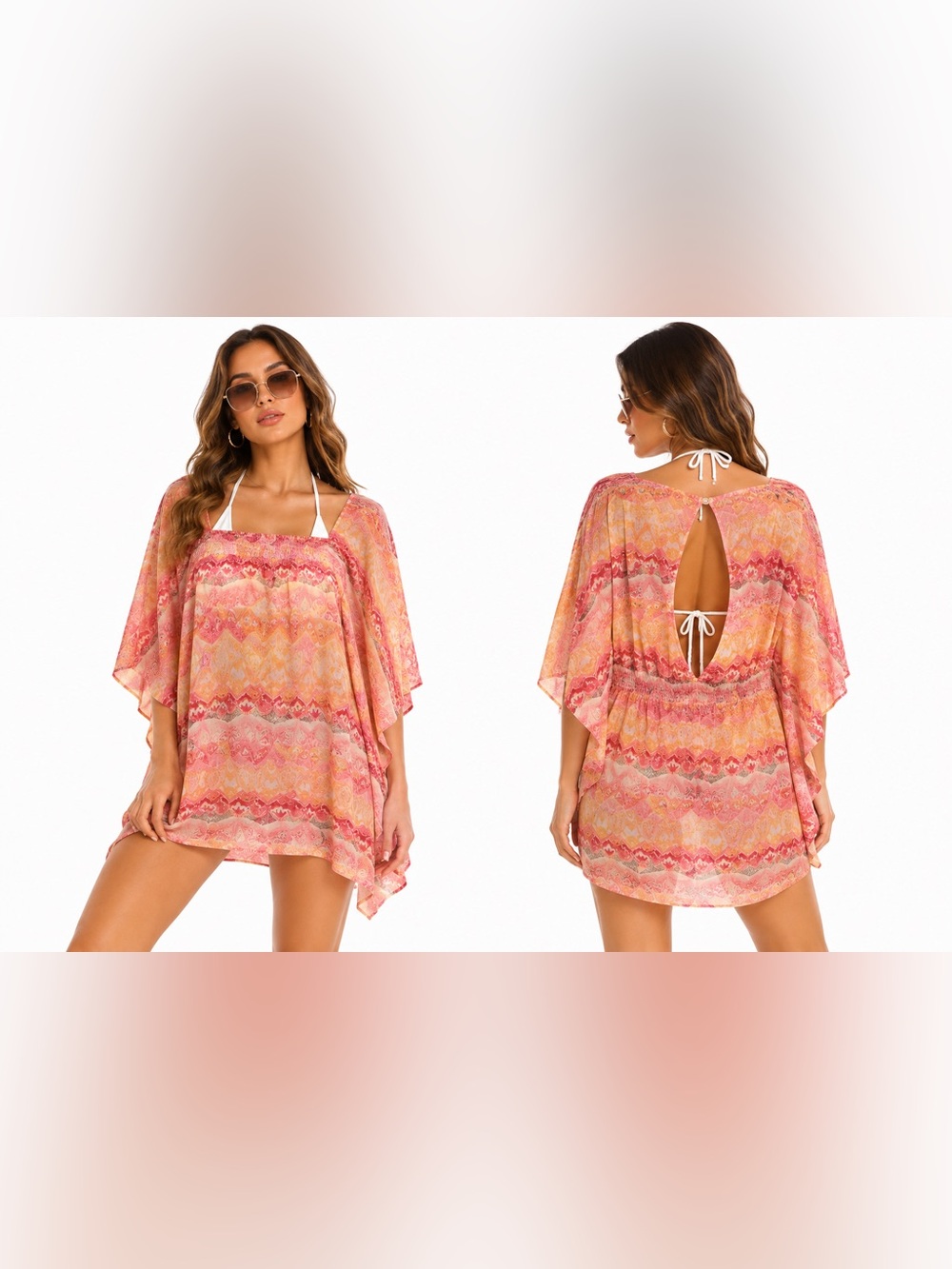 Jessica Simpson Boho Smocked Swimsuit Cover-Up Kaftan Tunic Dress